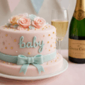 Gateau baby shower chic décoré au champagne Claude Cazals pour une fête élégante